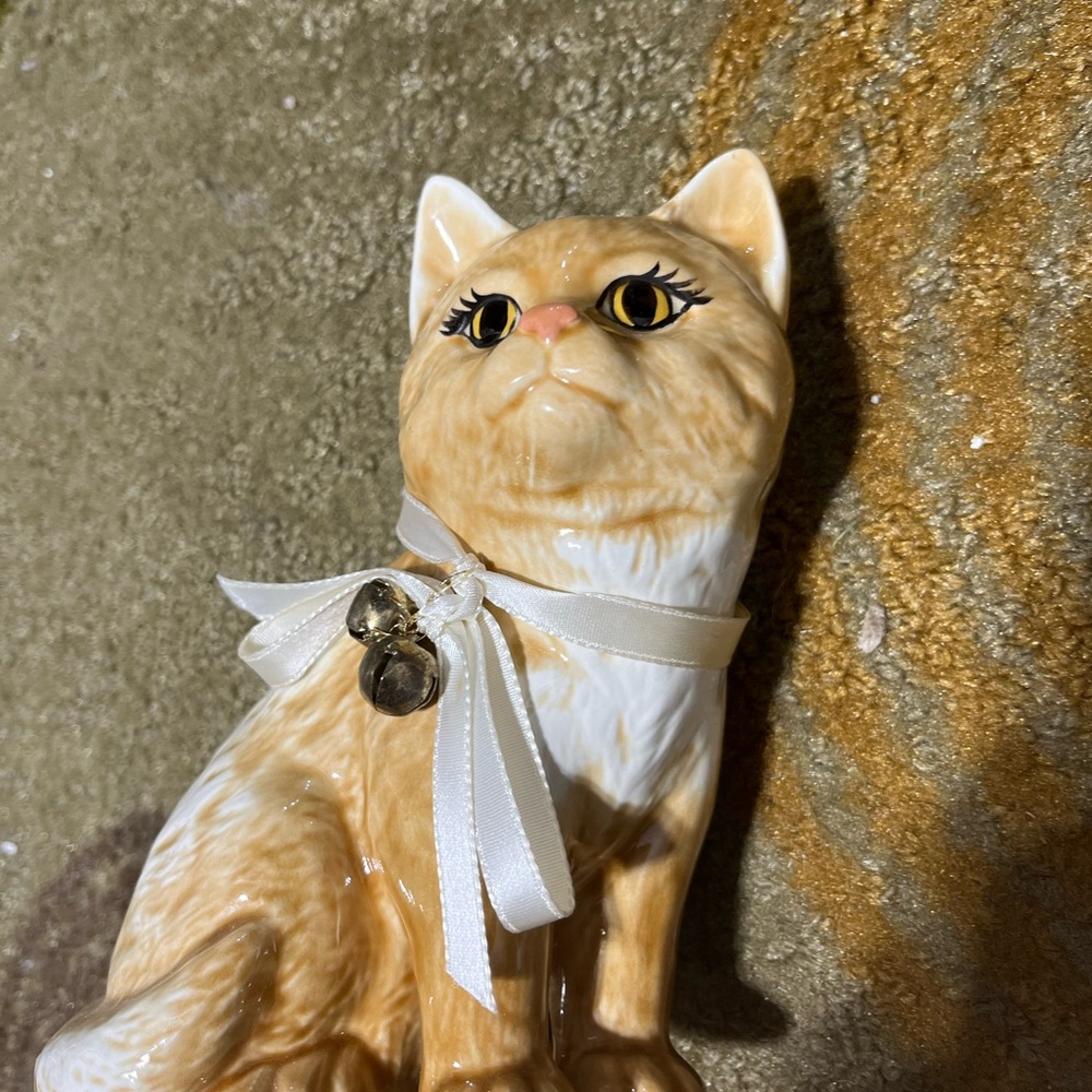 Ceramic Cat Figurine with Bell - Tan and White